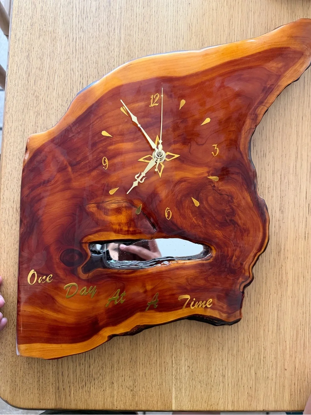 Handcrafted Amber Wood Resin Wall Clock - 'Once Day At A Time'